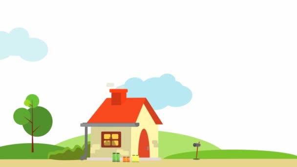 Grafische Animation Mit Einem Mehrfamilienhaus Auf Dem Rasen Mit Einer — Stockvideo