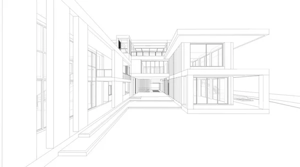 Perspectiva de wireframe abstrato de renderização de casa 3D . — Fotografia de Stock