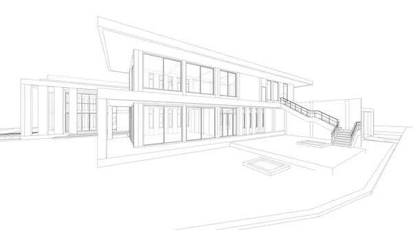 Abstract wireframe perspective of 3D house rendering. — Stock Photo, Image