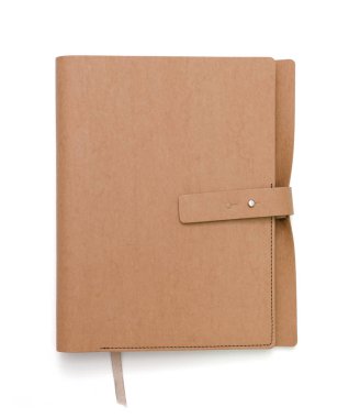 Kahverengi defter kapağı arka plan üzerinde beyaz.