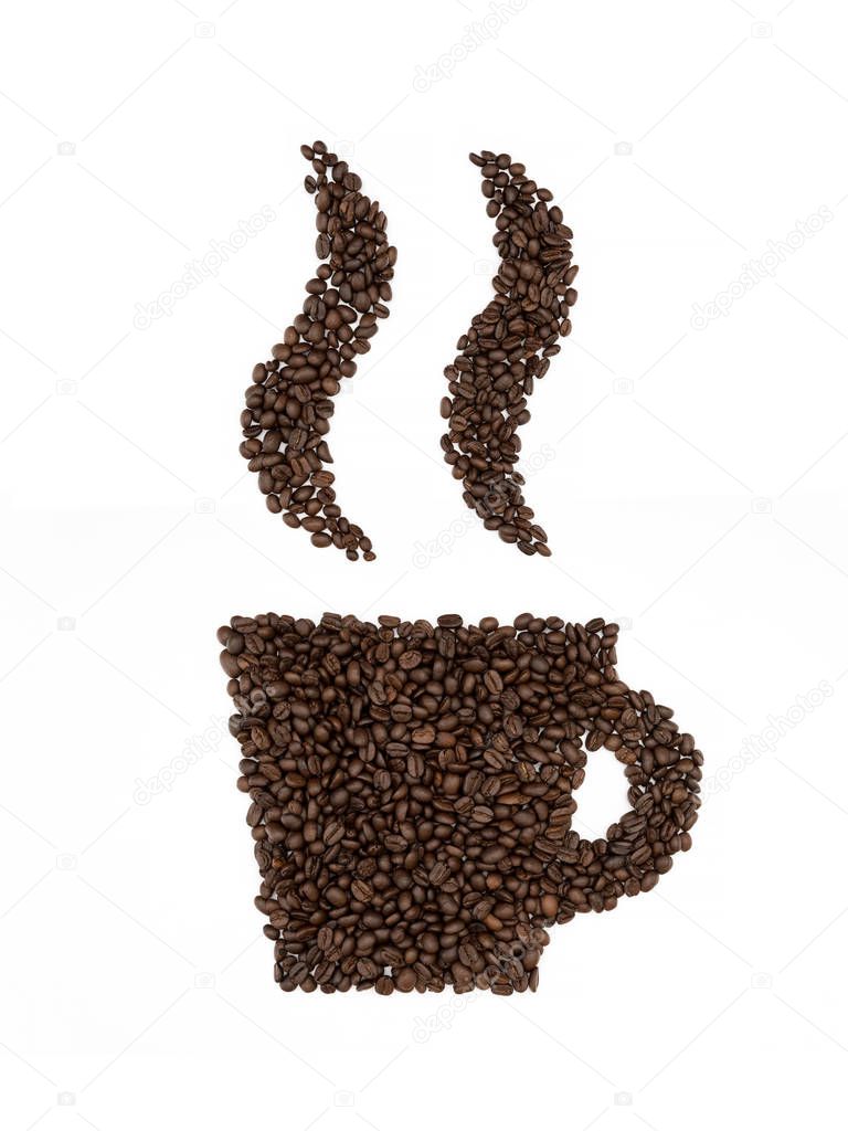 Cup symbol of coffee beans isolated on white.