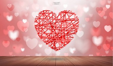 Ahşap doku arka plan ışık blu ile üzerinde yüzen kırmızı kalp