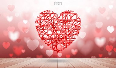 Kırmızı kalp ile ışık ahşap doku arka plan üzerinde yüzen bulanık