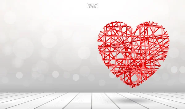 Corazón rojo flotando sobre fondo de textura de madera con blu claro — Vector de stock