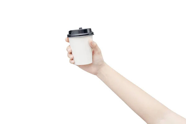 Take away coffee cup background. Female hand holding a coffee pa — Stock Photo, Image