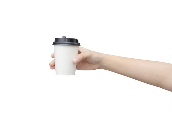 Kaffeetasse zum Mitnehmen. weibliche Hand mit einem Kaffee pa — Stockfoto