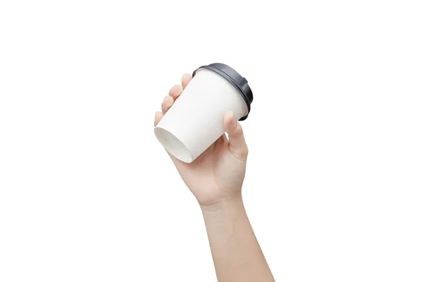 Tirar fundo xícara de café. Mão feminina segurando um café pa — Fotografia de Stock