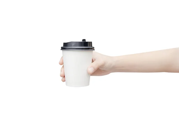 Kaffeetasse zum Mitnehmen. weibliche Hand mit einem Kaffee pa — Stockfoto