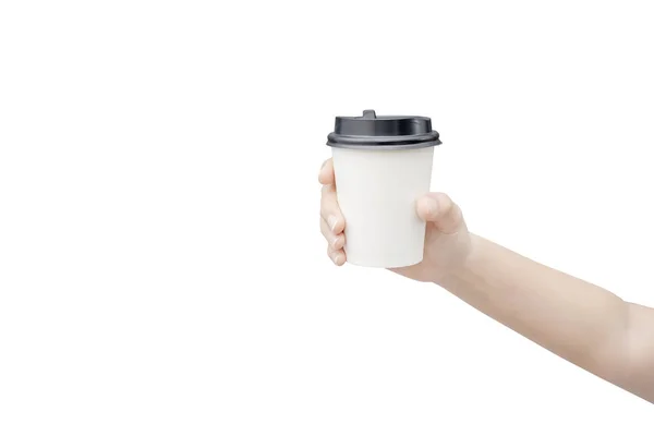 Kaffeetasse zum Mitnehmen. weibliche Hand mit einem Kaffee pa — Stockfoto