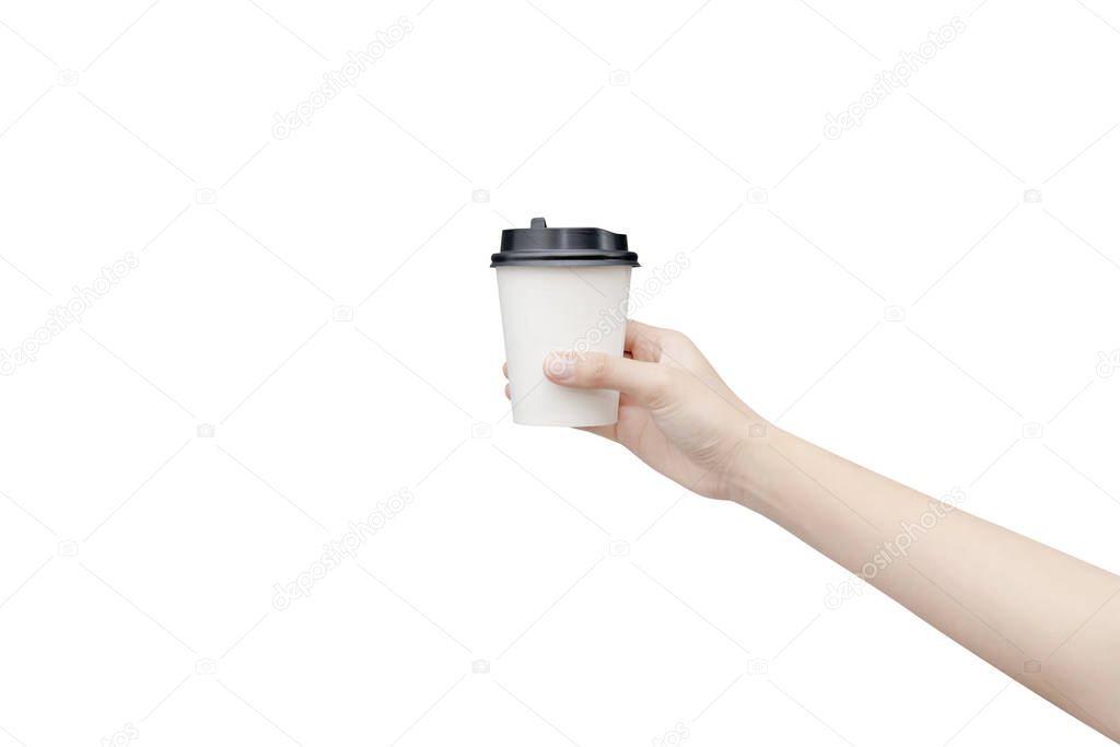 Take away coffee cup background. Female hand holding a coffee pa