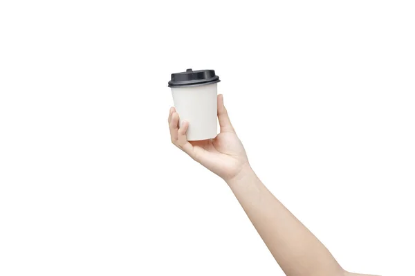 Take away coffee cup background. Female hand holding a coffee pa — Stock Photo, Image