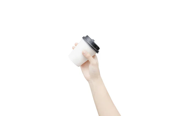 Kaffeetasse zum Mitnehmen. weibliche Hand mit einem Kaffee pa — Stockfoto