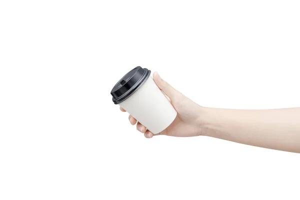 Tirar fundo xícara de café. Mão feminina segurando um café pa — Fotografia de Stock