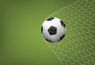 Futbol topu kalede, beyaz ağ ve yeşil saha arkasında.