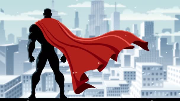Супергерой наблюдает за зимним городом — стоковое видео