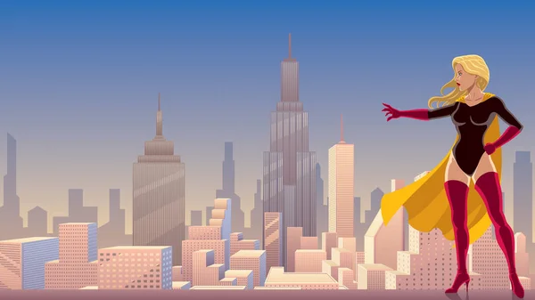 Superheldin macht in stad — Stockvector