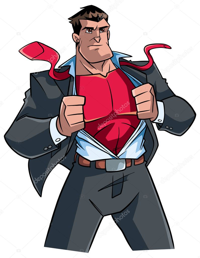 Illustration of businessman revealing his true identity of powerful superhero.