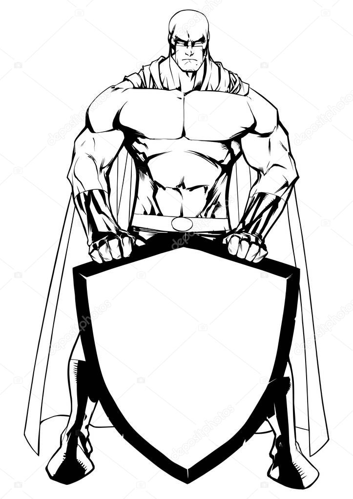 Superhero Holding Shield Line Art