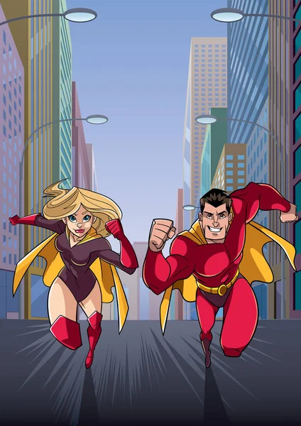 Супергеройська пара біжить у місті — стоковий вектор