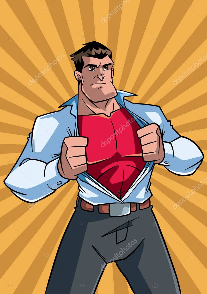 Illustration of businessman revealing his true identity of powerful superhero.