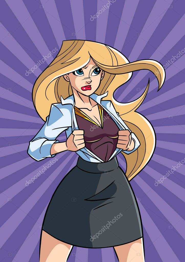 Illustration of businesswoman revealing her true identity of powerful superheroine.
