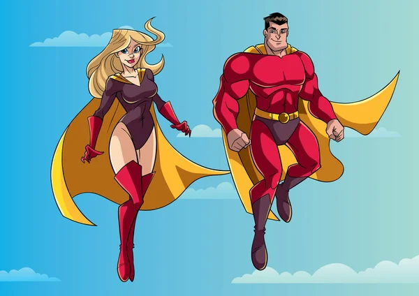 Superhelden-Paar fliegt in den Himmel — Stockvektor