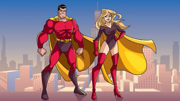 Casal de super-heróis de pé alto na cidade — Vetor de Stock