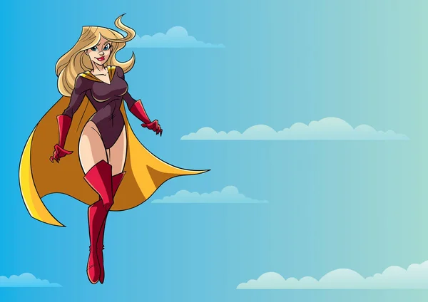 Superheroína volando en el cielo — Vector de stock