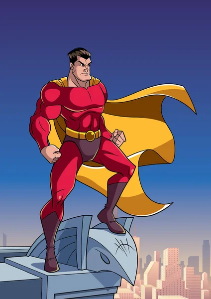 屋上から街を見るスーパーヒーロー — ストックベクタ