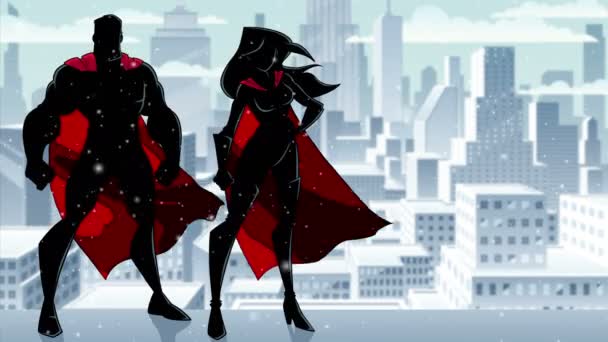 Супергеройська пара Зимові силуети — стокове відео