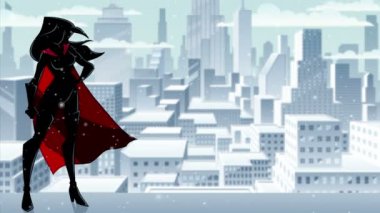 Superheroine ayakta uzun kış siluet