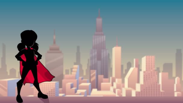Silhouette Super Girl město — Stock video