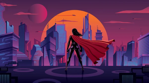 Superheroína en la ciudad futurista — Vector de stock
