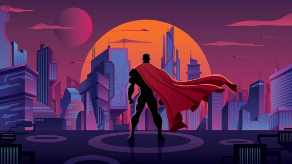 Superhero in Futuristic City — Stock Vector