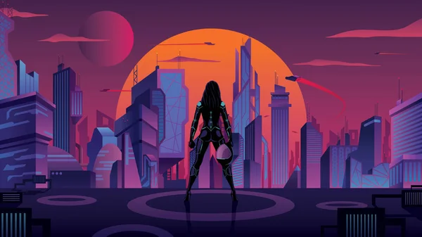 Superheroine in Futuristic City 2 — ストックベクタ