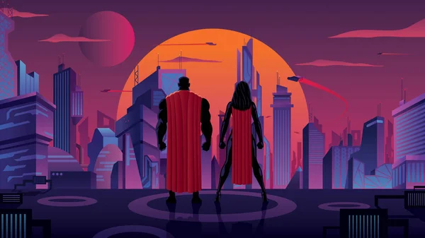 Pareja de superhéroes en la ciudad futurista — Vector de stock