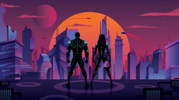 Superhjälte par i futuristiska staden 2 — Stock vektor
