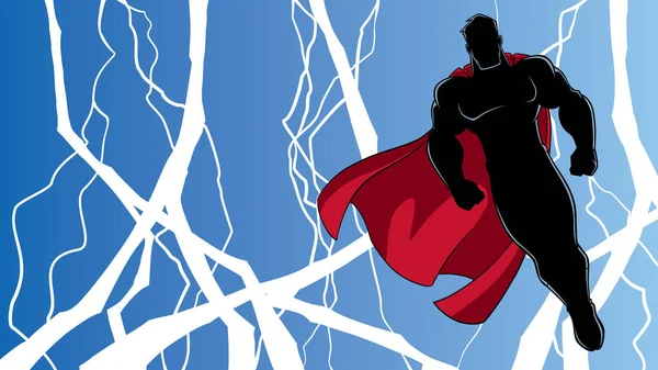 Superheld vliegen tijdens onweer Silhouet — Stockvector