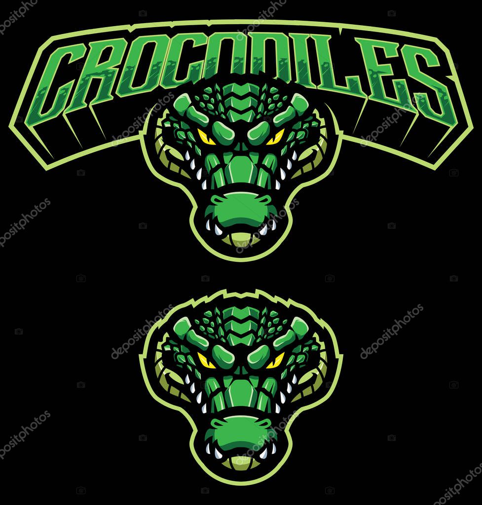 Cartoon green crocodile mascot on black background.