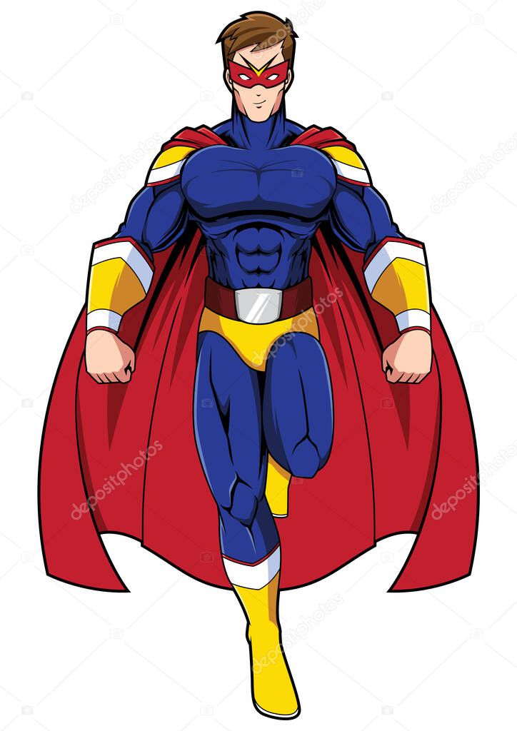 Full length mascot illustration of powerful superhero soaring on white background.