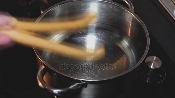鍋にフランクフルトを挿入します。 — ストック動画
