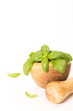 Ahşap taze fesleğen havaneli ile üzerinde arka plan ile harç.