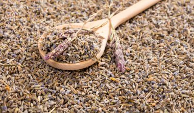 Tahta kaşık üzerinde kurutulmuş lavanta.