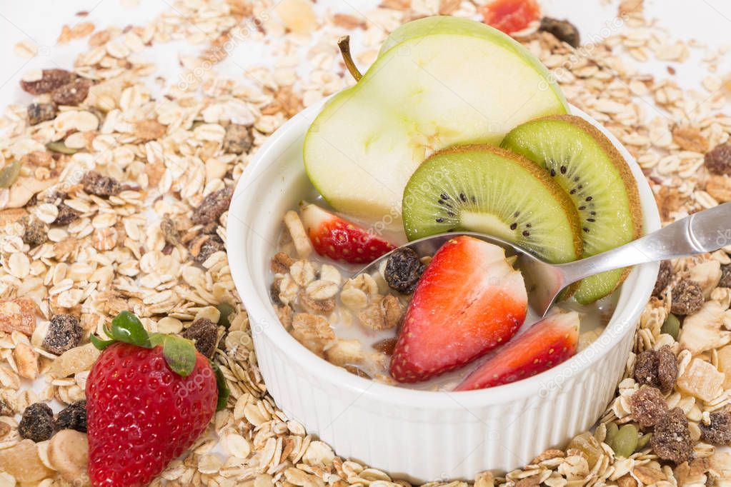 Bowl of muesli with fresh fruits and plant milk