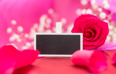 Boş yazı tahtası işareti kırmızı gül ve yaprakları, pembe bir arka plan ve boşluk ile closeup.