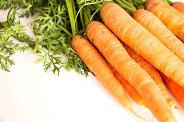 Zanahorias frescas con hojas, sobre fondo blanco — Foto de Stock