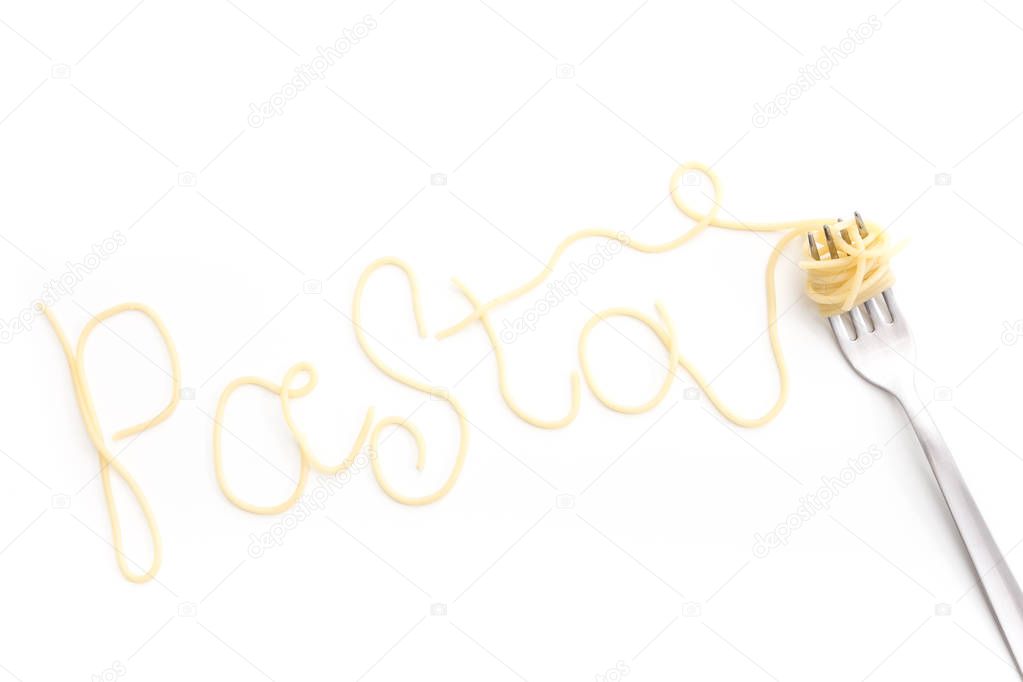 Plain cooked spaghetti pasta on fork and Pasta text, on white background.