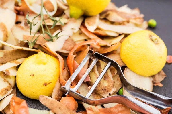 Fresh vegetable scraps and peeler. — Stock Photo, Image