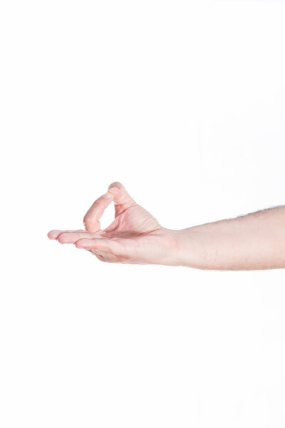 Hand gesturing Gyana mundra, on white background.