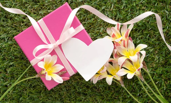 Ροζ δώρο κουτί με ένα τόξο, κενή σημείωση για κείμενο και λουλούδια, στο πράσινο χορτάρι. — Φωτογραφία Αρχείου